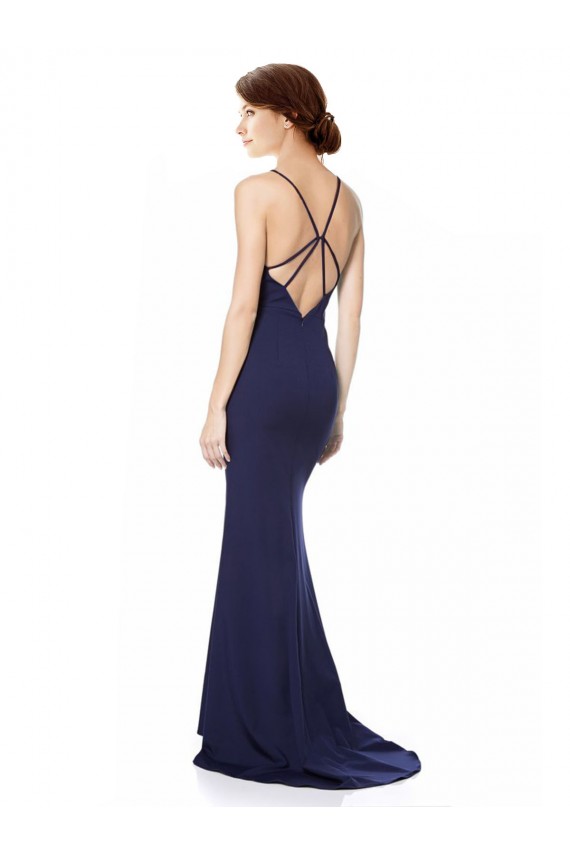 Long Sleeveless Stretch Crepe Navy Blue Mermaid Open Back Prom Dress Canada Online