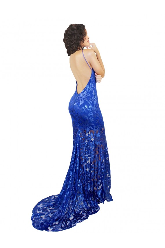 Long Sleeveless Lace Royal Blue Mermaid Prom Dress Canada Online