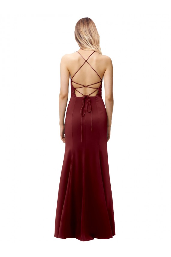Long Sleeveless Stretch Crepe Burgundy Gold Mermaid Open Back Prom Dress Canada Online