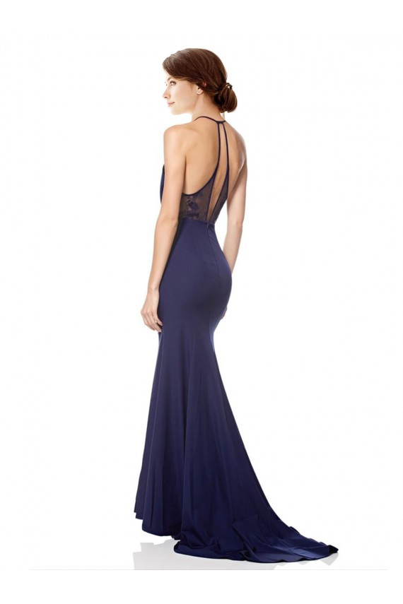 Long Sleeveless Stretch Crepe Navy Blue Mermaid Halter Neck Prom Dress Canada Online