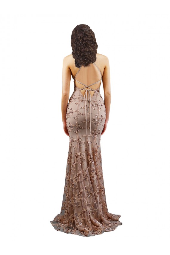 Long Sleeveless Stretch Crepe & Sequin Tulle Rose Gold Mermaid Prom Dress Canada Online