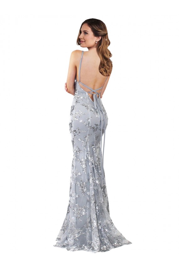 Long Sleeveless Stretch Crepe & Sequin Tulle Silver Mermaid Prom Dress Canada Online