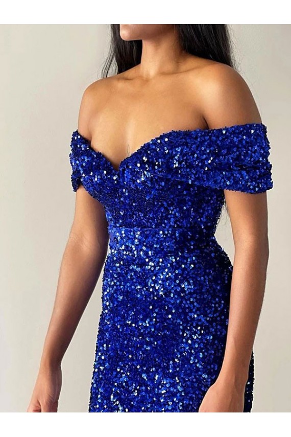 Sweep Train Sleeveless Velvet Sequin Royal Blue Mermaid Off the Shoulder Prom Dress Canada Online