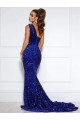 Court Train Sleeveless Velvet Sequin Royal Blue Mermaid Prom Dress Canada Online