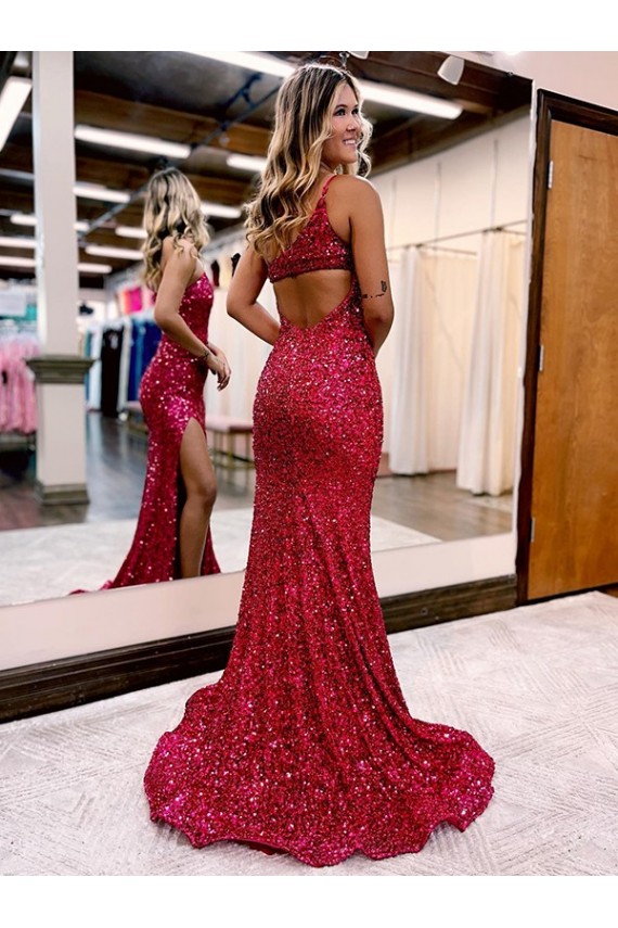 Sweep Train Sleeveless Velvet Sequin Burgundy Mermaid Prom Dress Canada Online