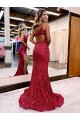 Sweep Train Sleeveless Velvet Sequin Burgundy Mermaid Prom Dress Canada Online