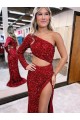 Sweep Train Long Sleeves Velvet Sequin Burgundy Mermaid Prom Dress Canada Online