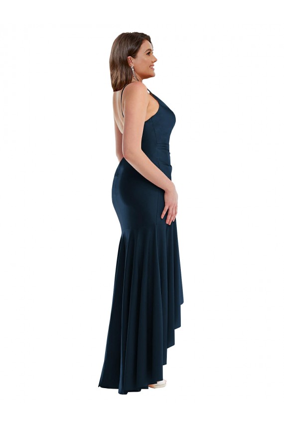 Long Sleeveless Silky Satin Dark Navy Mermaid High Low Plus Size Prom Dress Canada Online