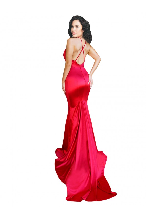 Long Sleeveless Stretch Satin Red Mermaid Low Back Prom Dress Canada Online