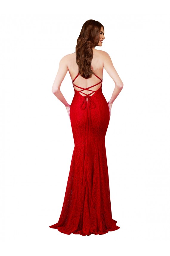 Long Sleeveless Lace Red Mermaid Open Back Prom Dress Canada Online