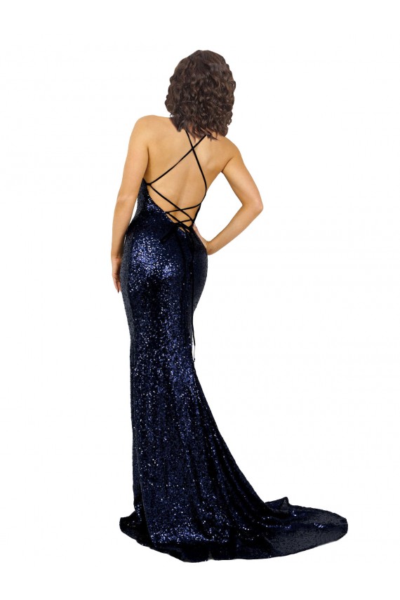 Long Sleeveless Sequin Dark Navy Mermaid Prom Dress Canada Online