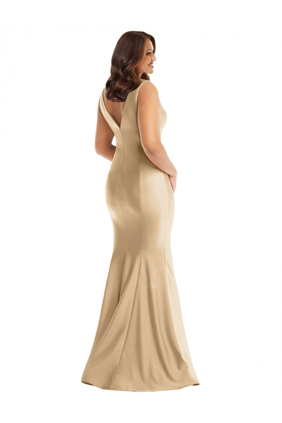 Long Sleeveless Silky Satin Soft Gold V-Neck Mermaid Plus Size Formal Prom Dress Canada Online