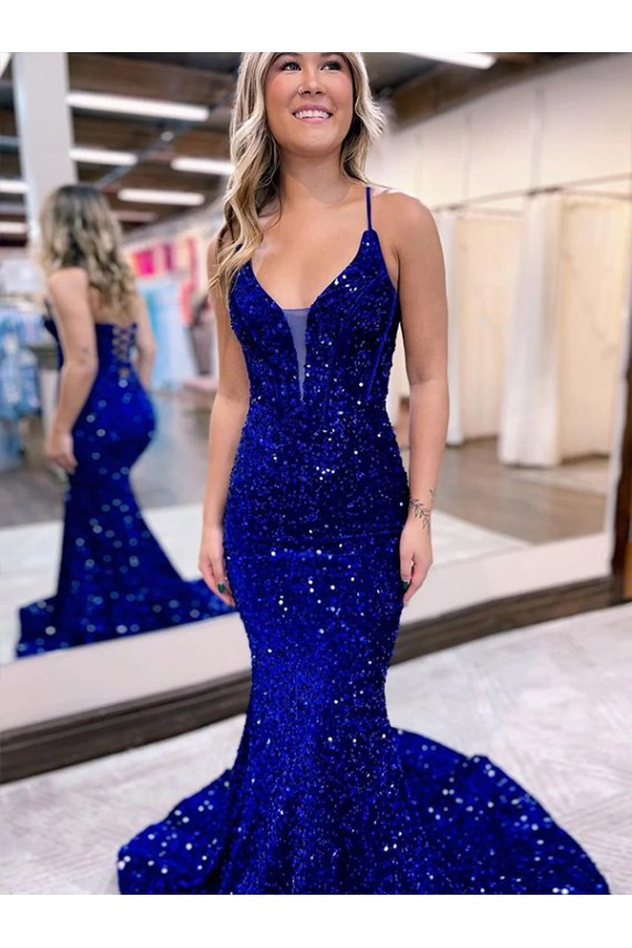 Court Train Sleeveless Velvet Sequin Royal Blue Mermaid V-Neck Prom Dress Canada Online
