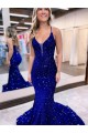 Court Train Sleeveless Velvet Sequin Royal Blue Mermaid V-Neck Prom Dress Canada Online