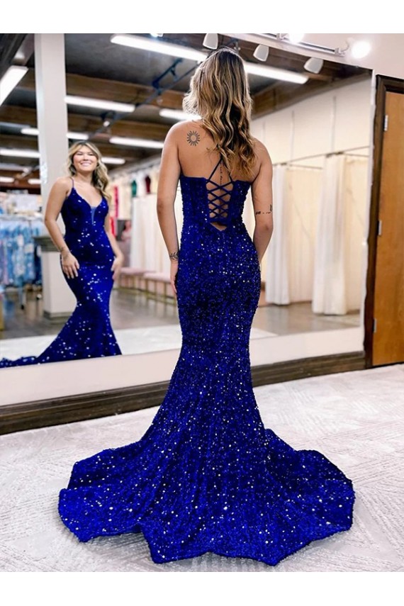 Court Train Sleeveless Velvet Sequin Royal Blue Mermaid V-Neck Prom Dress Canada Online