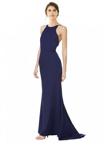Long Sleeveless Stretch Crepe Navy Blue Mermaid Open Back Prom Dress Canada Online