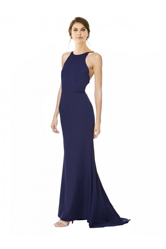 Long Sleeveless Stretch Crepe Navy Blue Mermaid Open Back Prom Dress Canada Online