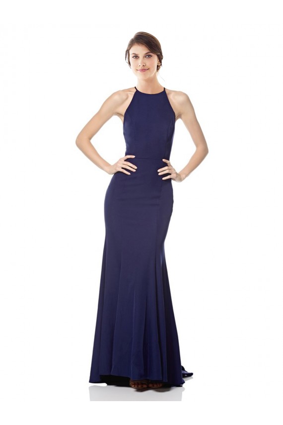 Long Sleeveless Stretch Crepe Navy Blue Mermaid Halter Neck Prom Dress Canada Online