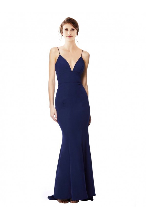 Long Sleeveless Stretch Crepe Navy Blue Mermaid Prom Dress Canada Online