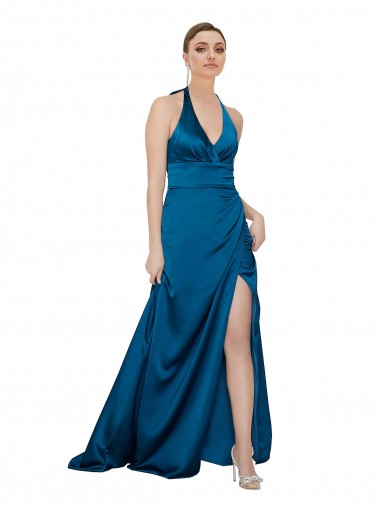 Long Sleeveless Silky Satin Peacock Blue A-Line Prom Dress Canada Online
