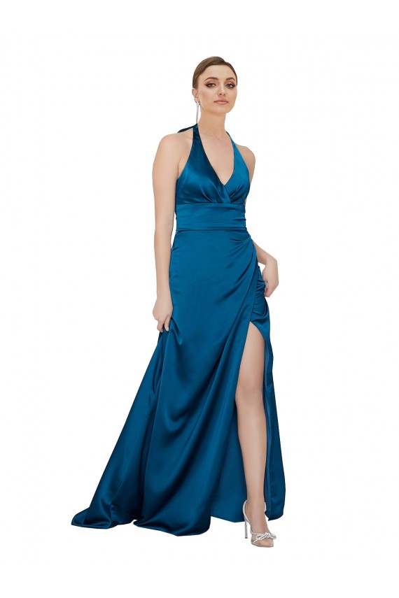 Long Sleeveless Silky Satin Peacock Blue A-Line Prom Dress Canada Online