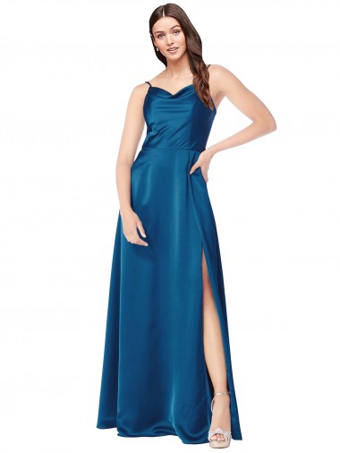 Long Sleeveless Silky Satin Peacock Blue Spaghetti Straps A-Line Prom Dress Canada Online