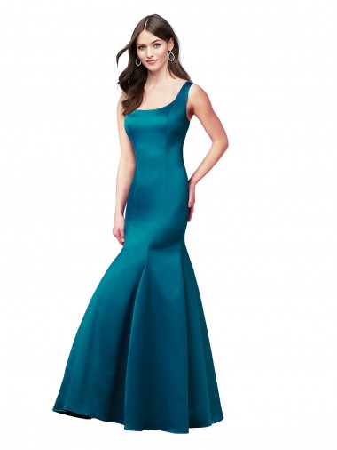 Long Sleeveless Satin Peacock Blue Mermaid Bateau Neck Prom Dress Canada Online