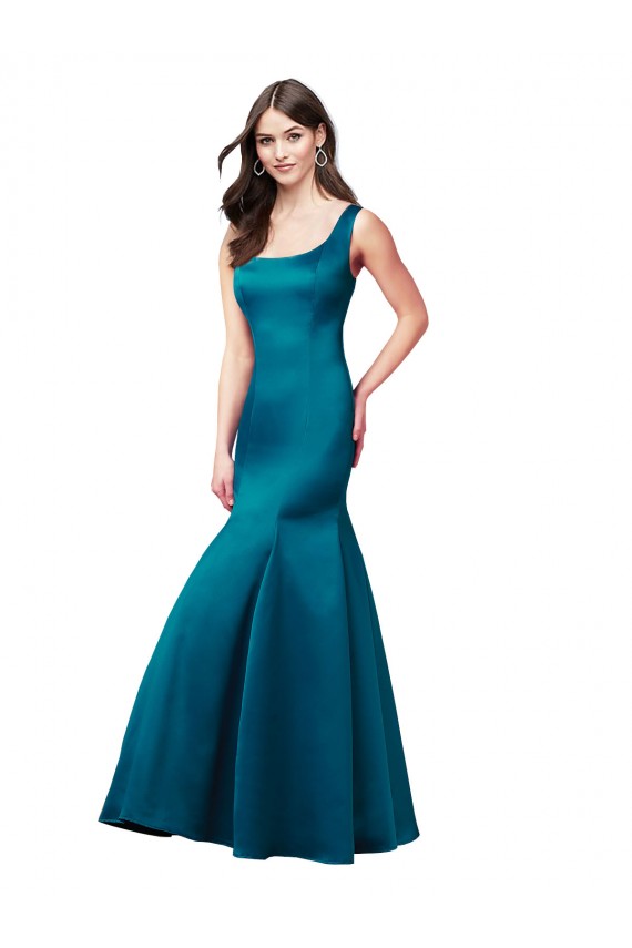Long Sleeveless Satin Peacock Blue Mermaid Bateau Neck Prom Dress Canada Online