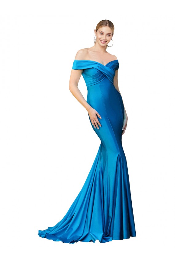 Long Sleeveless Satin Peacock Blue Mermaid Prom Dress Canada Online