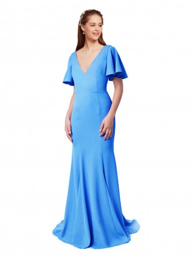Sweep Train Short Sleeves Stretch Crepe Peacock Blue Mermaid Sheath Prom Dress Canada Online