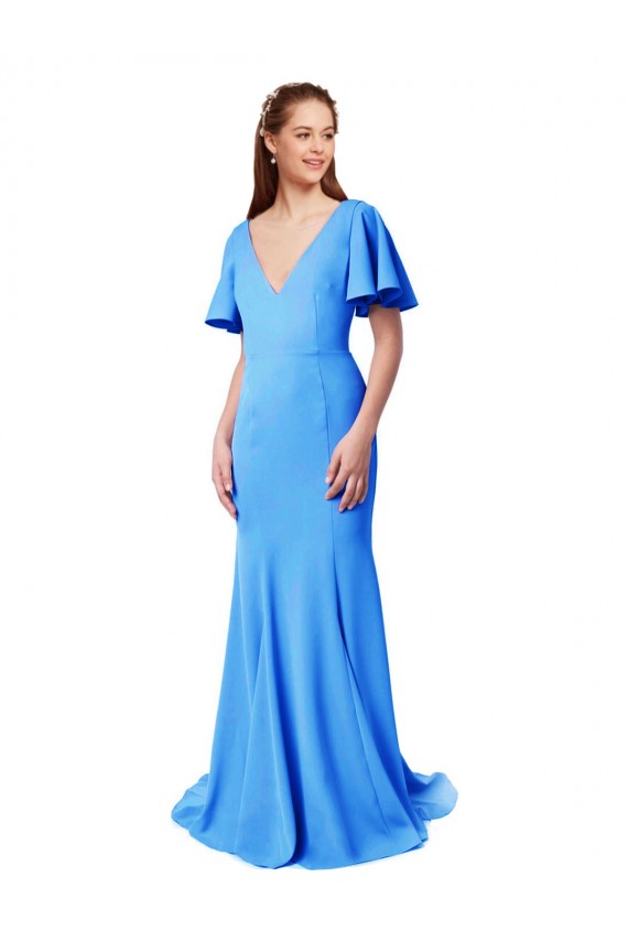 Sweep Train Short Sleeves Stretch Crepe Peacock Blue Mermaid Sheath Prom Dress Canada Online