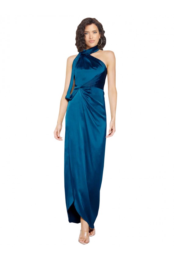 Long Sleeveless Silky Satin Peacock Blue Sheath Prom Dress Canada Online