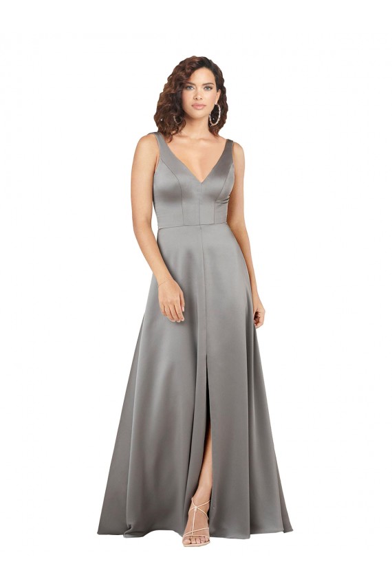 Long Sleeveless Silky Satin Pearl Grey A-Line Prom Dress Canada Online