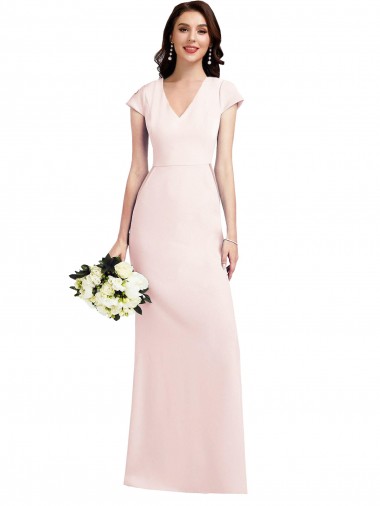 Long Cap Sleeves Stretch Crepe Pink A-Line Prom Dress Canada Online