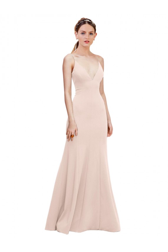 Long Sleeveless Stretch Crepe Pink A-Line V-Back Prom Dress Canada Online