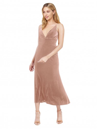 Midi Length Sleeveless Stretch Velvet Pink A-Line Prom Dress Canada Online