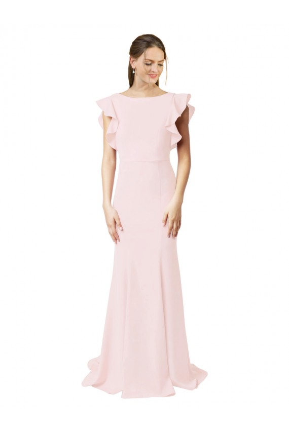 Sweep Train Ruffle Sleeves Stretch Crepe Pink Mermaid Sheath Black Tie Prom Dress Canada Online