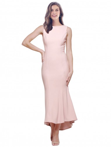 Midi Length Sleeveless Stretch Crepe Pink Sheath High Low Prom Dress Canada Online