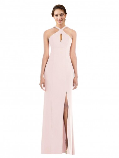 Long Sleeveless Stretch Crepe Pink Halter Neck Trumpet Prom Dress Canada Online