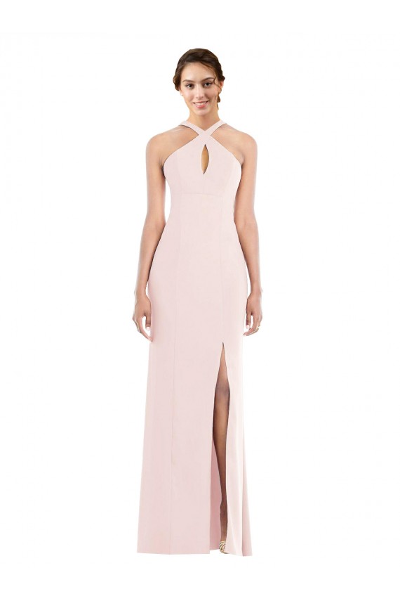 Long Sleeveless Stretch Crepe Pink Halter Neck Trumpet Prom Dress Canada Online