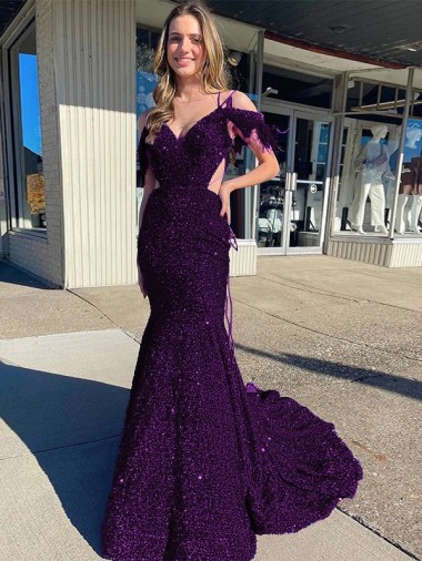 Court Train Sleeveless Velvet Sequin Plum Purple Sheath Prom Dress Canada Online