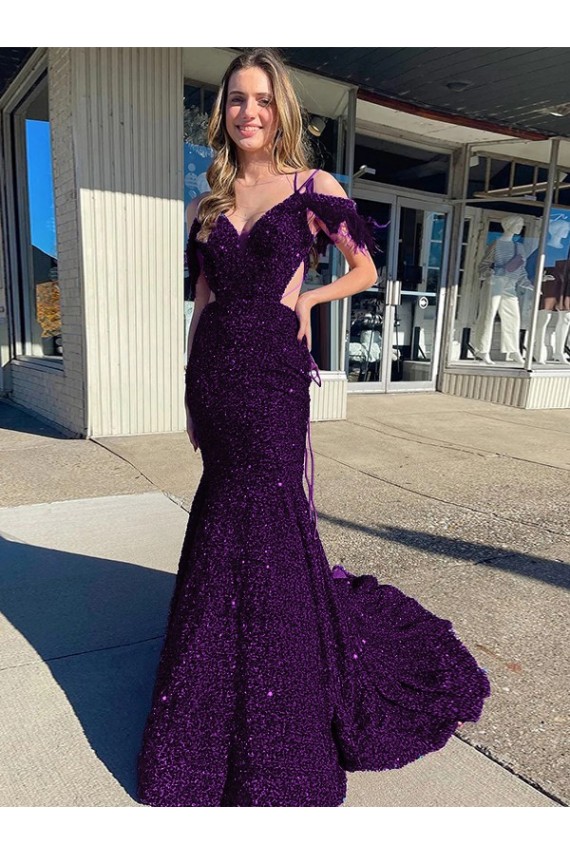 Court Train Sleeveless Velvet Sequin Plum Purple Sheath Prom Dress Canada Online