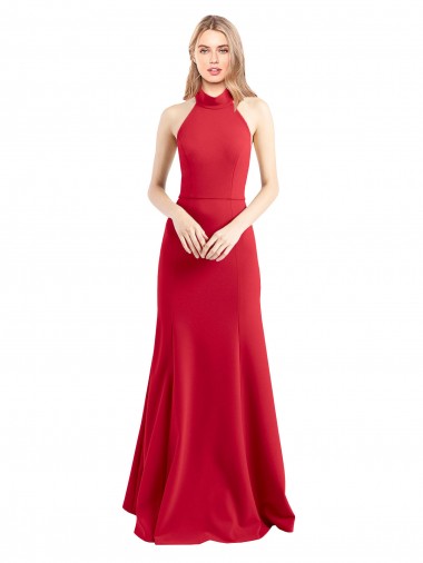 Long Sleeveless Stretch Crepe Red Halter Neck A-Line Prom Dress Canada Online