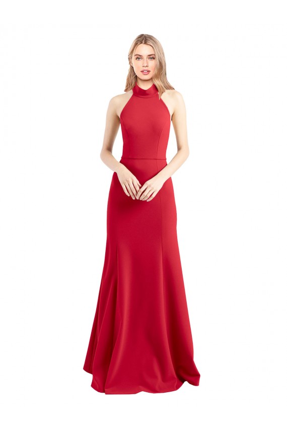 Long Sleeveless Stretch Crepe Red Halter Neck A-Line Prom Dress Canada Online