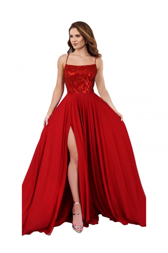 Long Sleeveless Spandex & Lace Red A-Line Prom Dress Canada Online