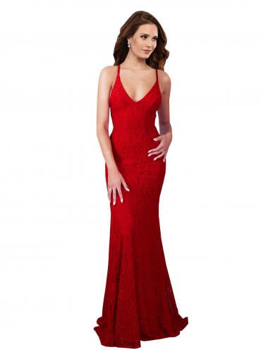 Long Sleeveless Lace Red Mermaid Open Back Prom Dress Canada Online