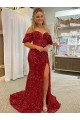 Court Train Short Sleeves Velvet Sequin Red Sheath Prom Dress Canada Online