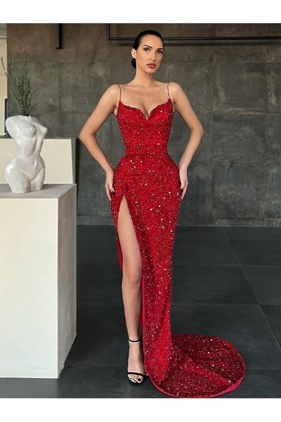 Sweep Train Sleeveless Velvet Sequin Red Sheath Prom Dress Canada Online