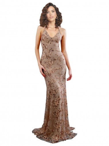 Long Sleeveless Stretch Crepe & Sequin Tulle Rose Gold Mermaid Prom Dress Canada Online
