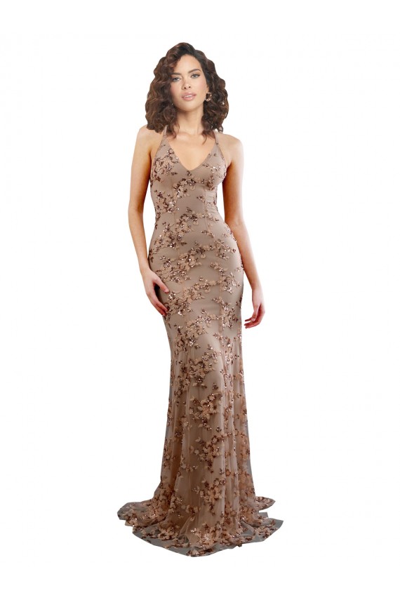 Long Sleeveless Stretch Crepe & Sequin Tulle Rose Gold Mermaid Prom Dress Canada Online
